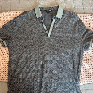 Express Men's Blue/Green Patterned Polo with Light-green Trim